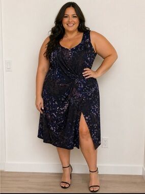 Marina Rinaldi Navy and Black Floral Draped Midi Dress